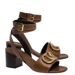 Pre Owned Valentino Tan Grainy Leather VLOGO Ankle Wrap Block Heel Sandals Size 38.5