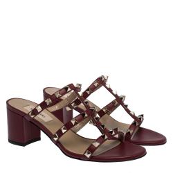 Pre Owned Valentino Bordeaux Leather Rockstud Cage Block Heel Sandals Size 36
