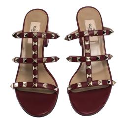 Pre Owned Valentino Bordeaux Leather Rockstud Cage Block Heel Sandals Size 36