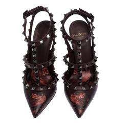 Pre Owned Valentino Rubin Rose by Undercover Print Leather Rockstud Strappy Sandals Size 35