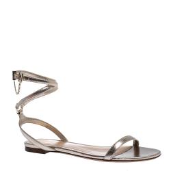 Pre Owned Valentino Peach Leather Chain Detail Ankle Wrap Flat Sandals Size 39.5