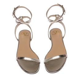 Pre Owned Valentino Peach Leather Chain Detail Ankle Wrap Flat Sandals Size 39.5