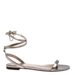 Pre Owned Valentino Peach Leather Chain Detail Ankle Wrap Flat Sandals Size 40.5