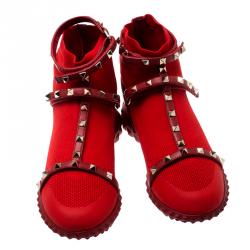 Pre Owned Valentino Rosso V. Stretch Knit and Leather Rockstud Bodytech High Top Sneakers Size 39.5