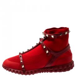 Pre Owned Valentino Rosso V. Stretch Knit and Leather Rockstud Bodytech High Top Sneakers Size 39.5