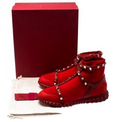Pre Owned Valentino Rosso V. Stretch Knit and Leather Rockstud Bodytech High Top Sneakers Size 39.5
