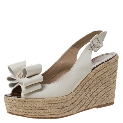 Pre Owned Valentino White Leather Rockstud Bow Espadrille Wedge Slingback Sandals Size 40