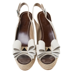 Pre Owned Valentino White Leather Rockstud Bow Espadrille Wedge Slingback Sandals Size 40