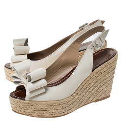 Pre Owned Valentino White Leather Rockstud Bow Espadrille Wedge Slingback Sandals Size 40