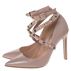 Pre Owned Valentino Beige Leather Rockstud Ankle Wrap Pointed Toe Pumps Size 38