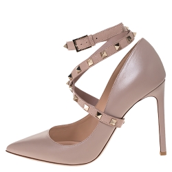 Pre Owned Valentino Beige Leather Rockstud Ankle Wrap Pointed Toe Pumps Size 38