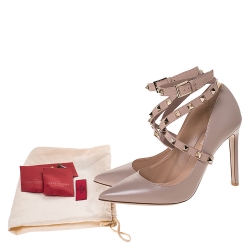 Pre Owned Valentino Beige Leather Rockstud Ankle Wrap Pointed Toe Pumps Size 38