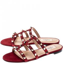 Pre Owned Valentino Scarlet/Rubino Suede Rockstud Flat Slides Size 37