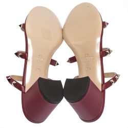 Pre Owned Valentino Dark Red Leather Rockstud Caged Slide Sandals Size 36.5