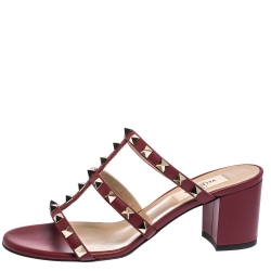 Pre Owned Valentino Dark Red Leather Rockstud Caged Slide Sandals Size 36.5