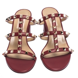 Pre Owned Valentino Dark Red Leather Rockstud Caged Slide Sandals Size 36.5