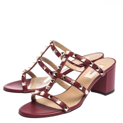 Pre Owned Valentino Dark Red Leather Rockstud Caged Slide Sandals Size 36.5