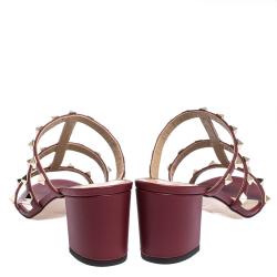 Pre Owned Valentino Dark Red Leather Rockstud Caged Slide Sandals Size 36.5