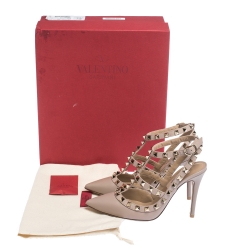 Pre Owned Valentino Beige Leather Rockstud Sandals Size 34