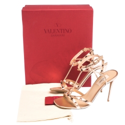 Pre Owned Valentino Metallic Bronze Leather Rockstud T-Strap Sandals Size 38.5 