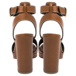 Valentino Brown Leather Vlogo Ankle Strap Block Heel Platform Sandals Size 39.5