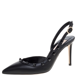 Valentino Black Leather Rockstud Embellished Pointed Toe D'orsay Slingback Sandals Size 37