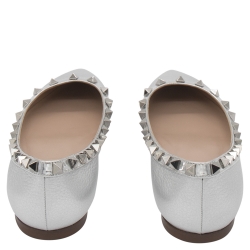 Valentino Metallic Silver Leather Rockstud Ballet Flats Size 37