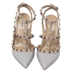 Valentino Pastel Grey/Poudre Leather Rockstud Ankle Strap Pointed Toe Sandals Size 39.5