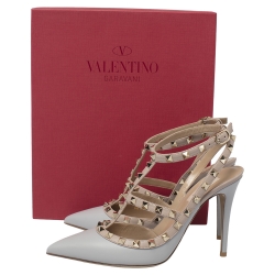 Valentino Pastel Grey/Poudre Leather Rockstud Ankle Strap Pointed Toe Sandals Size 39.5
