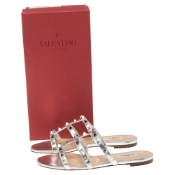 Valentino Silver Leather Rockstud Flat Slides 38
