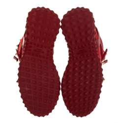 Pre Owned Valentino Red Stretch Knit and Leather Rockstud Bodytech High Top Sneakers Size 38.5