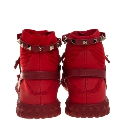 Pre Owned Valentino Red Stretch Knit and Leather Rockstud Bodytech High Top Sneakers Size 38.5