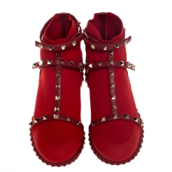 Pre Owned Valentino Red Stretch Knit and Leather Rockstud Bodytech High Top Sneakers Size 38.5