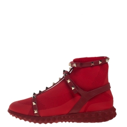 Pre Owned Valentino Red Stretch Knit and Leather Rockstud Bodytech High Top Sneakers Size 38.5