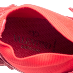 Pre Owned Valentino Red Stretch Knit and Leather Rockstud Bodytech High Top Sneakers Size 38.5