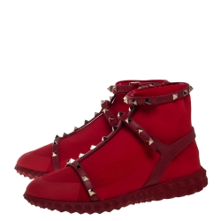 Pre Owned Valentino Red Stretch Knit and Leather Rockstud Bodytech High Top Sneakers Size 38.5