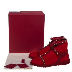 Pre Owned Valentino Red Stretch Knit and Leather Rockstud Bodytech High Top Sneakers Size 38.5