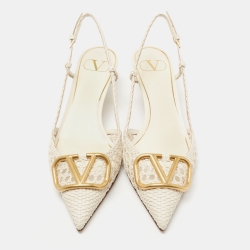مملوكة مسبقًا Valentino White Woven Leather VLOGO Slingback Sandals Size 41