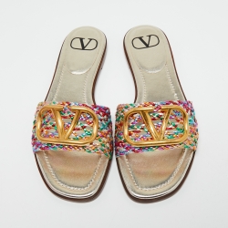 مملوكة مسبقًا Valentino Multicolor Braided Leather VLOGO Flat Slides Size 38.5