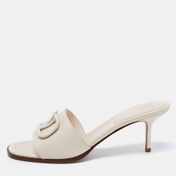 Pre Owned Valentino Cream Leather VLogo Signature Slide Sandals Size 40  