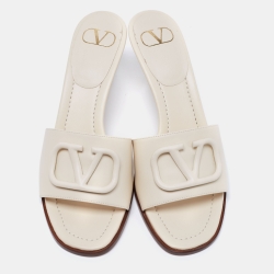Pre Owned Valentino Cream Leather VLogo Signature Slide Sandals Size 40  