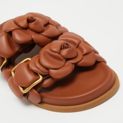 Pre Owned Valentino Tan Leather Rose Atelier Flat Slides Size 38