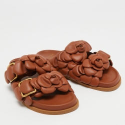 Pre Owned Valentino Tan Leather Rose Atelier Flat Slides Size 38