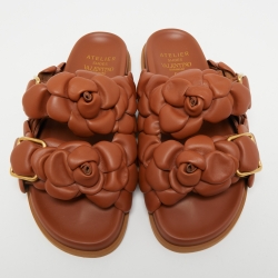 Pre Owned Valentino Tan Leather Rose Atelier Flat Slides Size 38