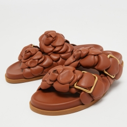 Pre Owned Valentino Tan Leather Rose Atelier Flat Slides Size 38