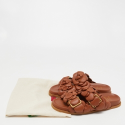 Pre Owned Valentino Tan Leather Rose Atelier Flat Slides Size 38