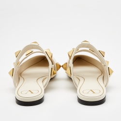 Pre Owned Valentino White Leather Roman Stud Flat Mules Size 40