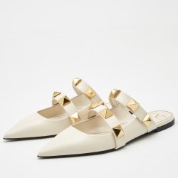 Pre Owned Valentino White Leather Roman Stud Flat Mules Size 40