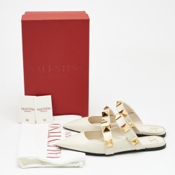 Pre Owned Valentino White Leather Roman Stud Flat Mules Size 40