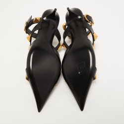 Pre Owned Valentino Black Leather Roman Stud Ankle Cuff Pointed Toe Pumps Size 38